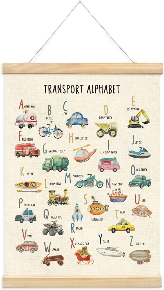 XYDEG Transport Alphabet Poster for Toddlers,ABC Posters for Toddlers,Educational Banner Poster Hanger Frame for Kids,Construction Decor for Boys Room Playroom Wall Art Decor with Wooden Frames,12x16