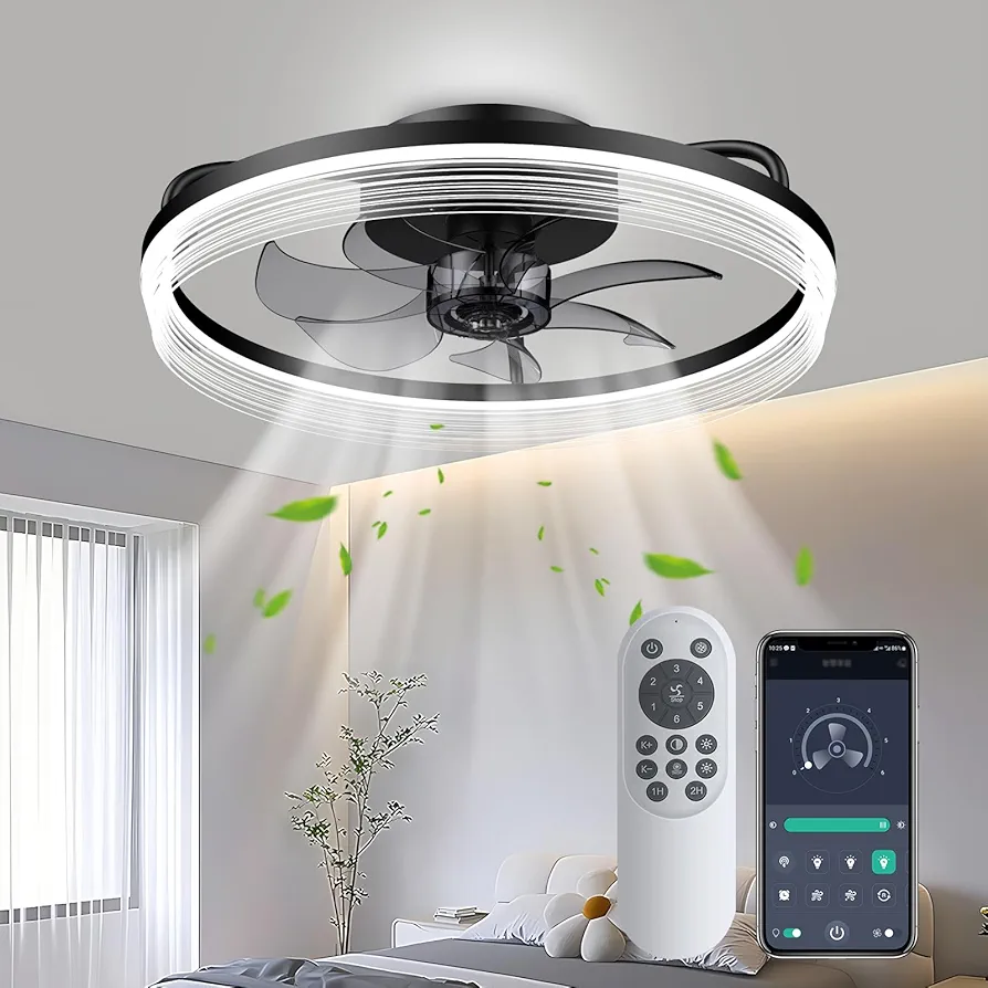 Black Ceiling Fan with Light - Low Profile Ceiling Fan with Remote/App Control 20 Inch Bladeless Flush Mount Ceiling Fan with Light Dimmable LED Modern Ceiling Fan for Bedroom Living Room