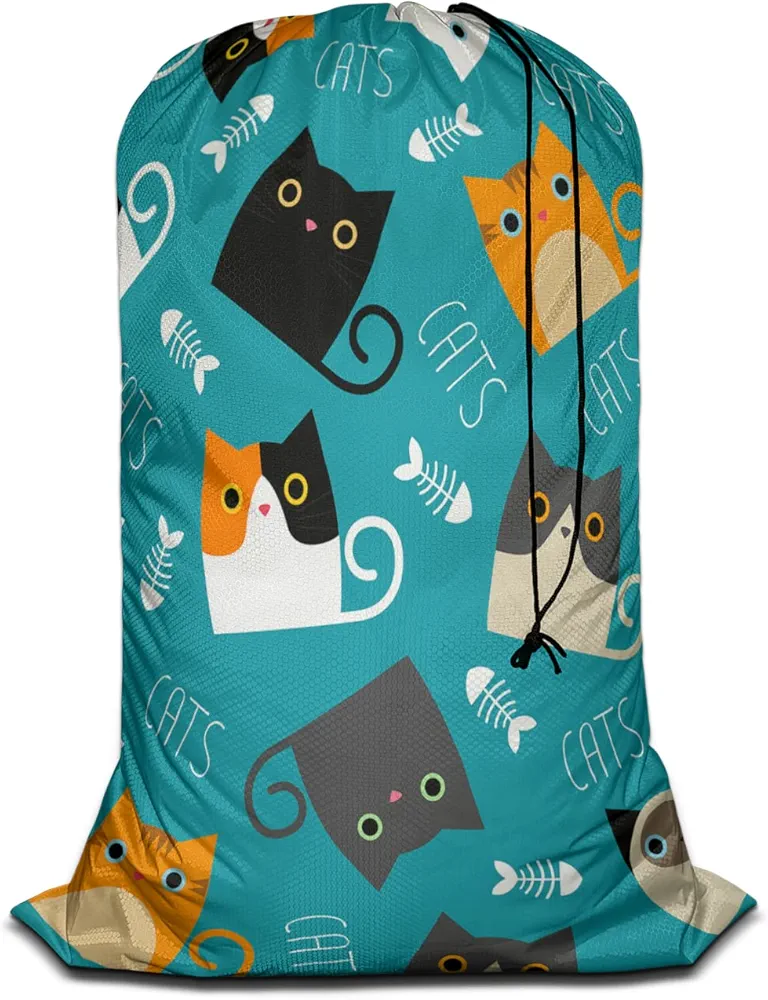 Swono Funny Cats Large Capacity Laundry Hamper Basket Cute Kitten Kitty Fish Bone Storage Baskets for Bedroom, Bathroom, Dorm, Washing Room, Football Grid Oxford Cloth, Blue