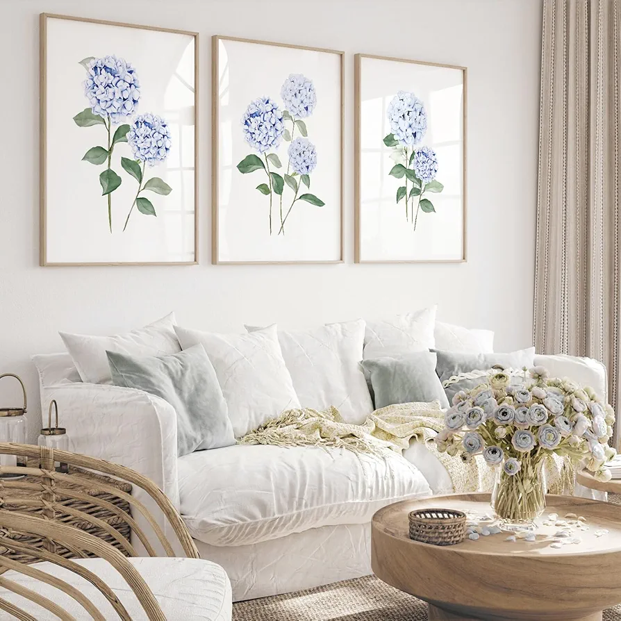 JarThenaAMCS 3Pcs Hydrangea Floral Canvas Wall Art Prints Watercolor Blue Flower Art Poster Botanical Wall Decor for Gallery Living Room Bedroom (UNFRAMED 11 x 14in)