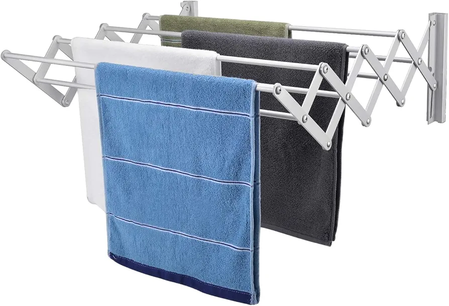 X-cosrack Wall Mount Clothes Drying Rack, 25.2" Wide Rustproof Accordion Retractable Drying Rack for Laundry Room/Bathroom Tower, 8 Bar Space-Saving Aluminium Alloys Laundry Drying Rack Silver