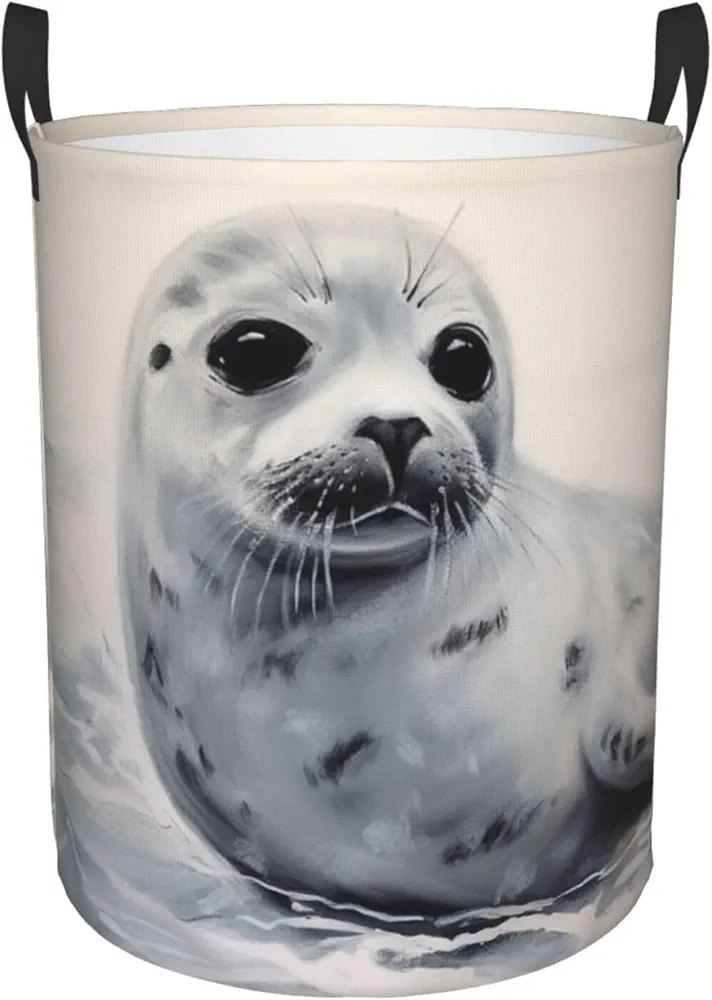 Harp Seal Painting Print Laundry Hamper Circular Waterproof Storage Basket Protable Dirty Clothes Hamper Storage Bin For Home Organizer Living Room Bathroom Car