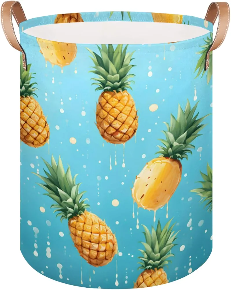 Laundry Hamper Fruits Pineapple Collapsible Fabric Laundry Basket with Leather Handles Dirty Clothes Hamper Decorative Storage Basket for Living Room, College Dorm, Family