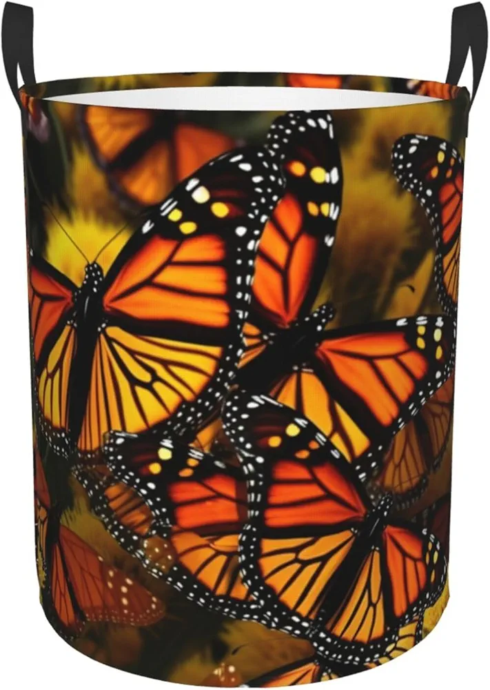 Monarch Butterflies Print Laundry Basket Circular Laundry Hamper with Handles Waterproof Circular Hamper Dirty Clothes Basket Portable Storage Bin for Home Organizer Living Room Bathroom Car Small