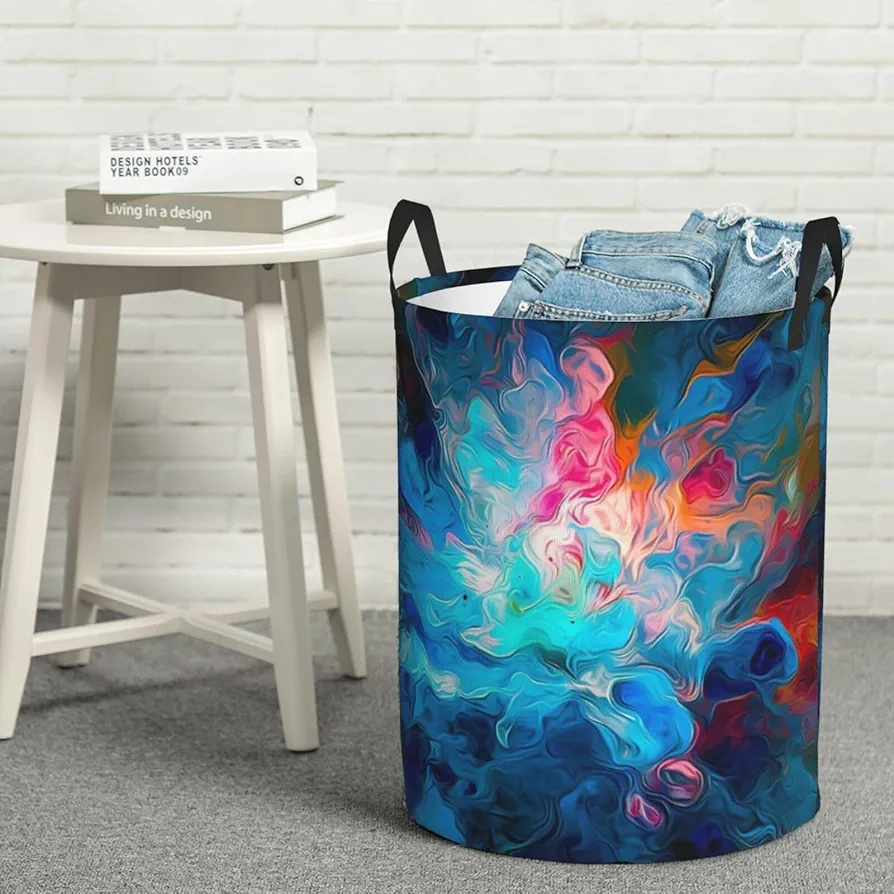 Laundry Basket Waterproof Laundry Hamper With Handles Dirty Clothes Organizer Blue Aesthetic Color Splash Print Protable Foldable Storage Bin Bag For Living Room Bedroom Playroom