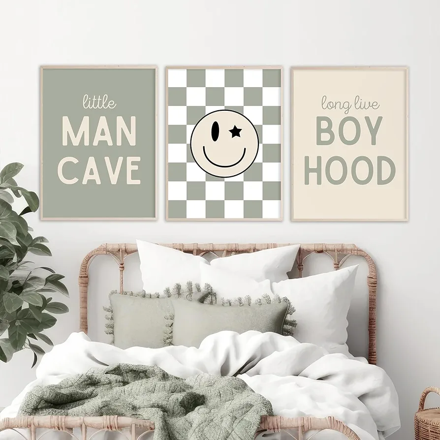 Long Live Boyhood Wall Art Nursery Baby Boys Canvas Wall Art Decor Preppy Retro Poster Prints Kids Little Man Cave Pictures Sage Green Artwork for Room Bedroom Set of 3 12x16 Inch Unframed