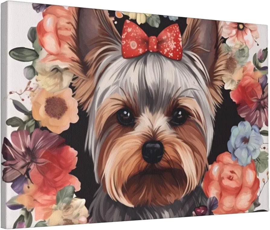 Dwrepo Yorkie Floral Wall Art Picture Prints Decorative Aesthetics Canvas Paintings Modern Artwork Wall Hanging Decorations for Bedroom Living Room Home Office 12x18 Inch