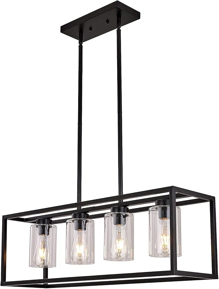 Black Dining Room Chandeliers Lighting Fixture Linear Pendant Modern 4-Light with Glass Shades Vintage Farmhouse Ceiling Light Hanging for Kitchen Island Cafe Bar