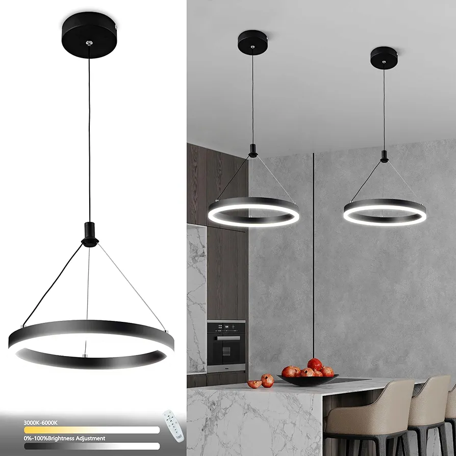 Modern LED Pendant Light Fixture，Black Color Changing Chandelier with Remote, Contemporary Ceiling Hanging Fixture with Circular Ring Lights for Dining Living Room Bedroom Kitchen Island Cafe