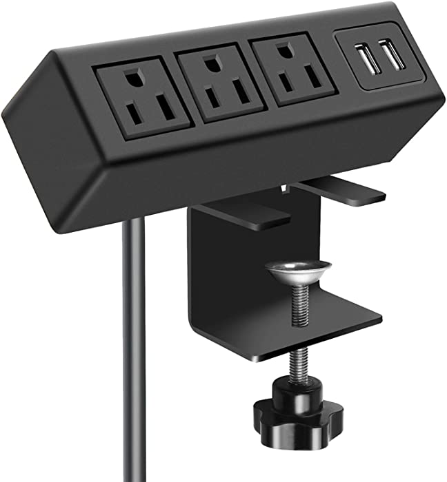 3 Outlet Desk Clamp Power Strip, Desktop Power Strip with USB Ports, Desk Mount USB Charging Power Station, on Desk Edge Power Outlet 125V 12A 1500W, 6FT Desk Outlet Strip.