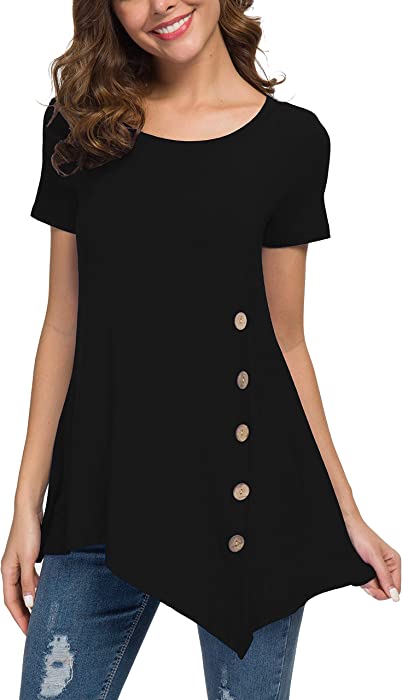 Jouica Women's Short Sleeve Casual Scoop Neck Button Side Shirt Blouse Tunic Top