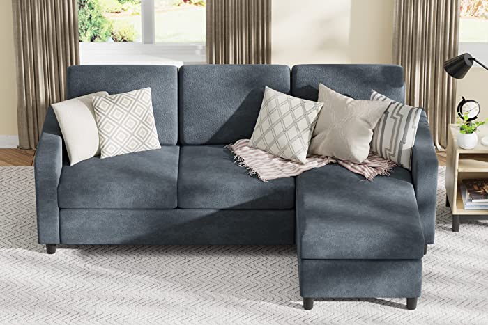 SUNLEI Convertible Sectional Sofa Couch L-Shaped Couch with Modern Linen Fabric 3-Seat Sofa Sectional with Reversible Chaise for Living Room/Small Space(Bluish Grey)