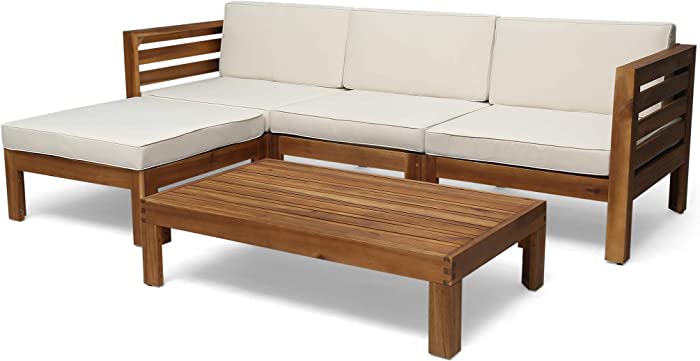 Great Deal Furniture Alice Outdoor 5 Piece Acacia Wood Sofa Set, Teak and Beige