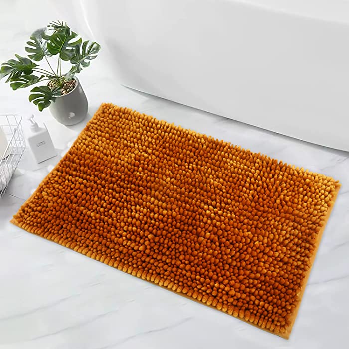 WELTRXE Bathroom Rug Non Slip Bath Mat for Bathroom, 24'' x 16'' Yellow Water Absorbent Soft Chenille Shaggy Bathroom Non Slip Mat Machine Washable Bath Rug Thick Shower Plush Rugs