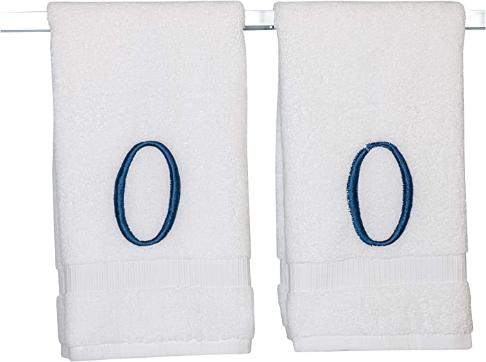 Monogrammed Hand Towels for Bathroom - Luxury Hotel Quality Personalized Initial Decorative Embroidered Bath Towel for Powder Room, Spa - GOTS Organic Certified - Set of 2 Navy Letter O