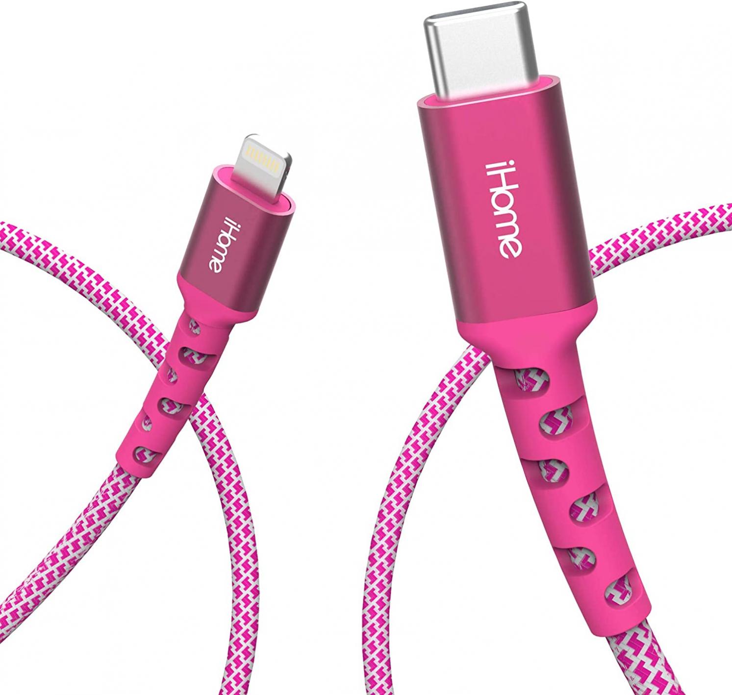 iHome USB C to Lightning Cable: Nylon Braided, Apple MFi Certified,for iPhone 12/12 Pro/12 Pro Max/12 Mini/ 11/11 Pro/ 11 Pro Max, AirPods Pro(Supports Power Delivery w/18W Type C Charger),10 Ft,Pink