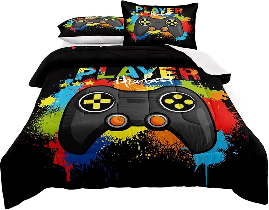 Gamer Comforter Set Twin Size for Boys Kids Game Room Decor Video Game Gamer Comforter Teens Bedroom Gamepad Bedding Set All Season(A19, Twin)