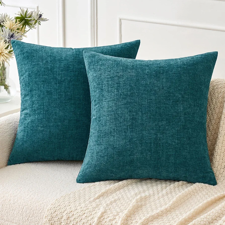 MIULEE Pack of 2 Dark Teal Throw Pillow Covers 18x18 Inch Soft Chenille Pillow Covers for Sofa Living Room Couch Solid Dyed Cases