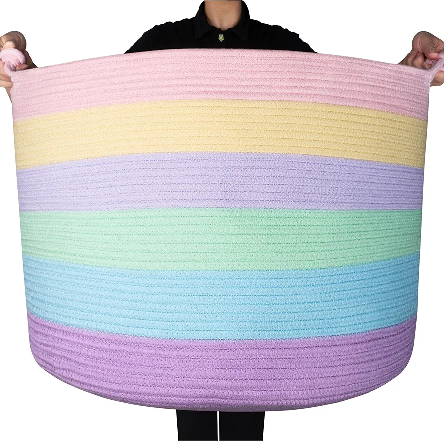 MINTWOOD Design XXXXLarge 22 x 16 Inches Decorative Cotton Rope Basket, Blanket Basket Living Room, Laundry Basket, Woven Basket, Toy Storage Baskets Bin, Round Pillows Towels Basket, Pastel Rainbow