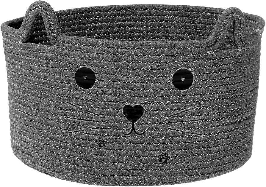 Zopeal Cat Basket Storage Woven Basket Organizer with Ears Decorative Pet Toy Cute Basket Cotton Rope Basket for Gift Cat Dog Toy Bin Nursery Room Kid (Dark Grey,13.7 x 7.8 Inch)