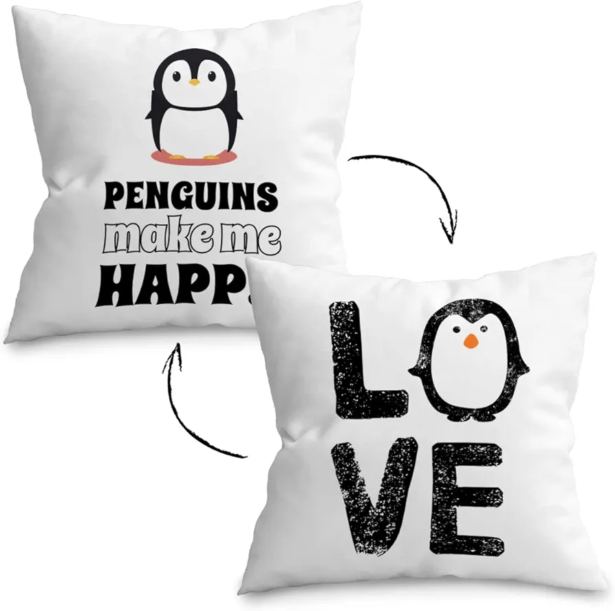 Penguins Make Me Happy Reversible Throw Pillow Cover 18″×18″,Cute Cartoon Penguin Decor Decorations for Home Bedroom Living Room Girls Room,Gifts for Penguin Lovers Owners Girls Women