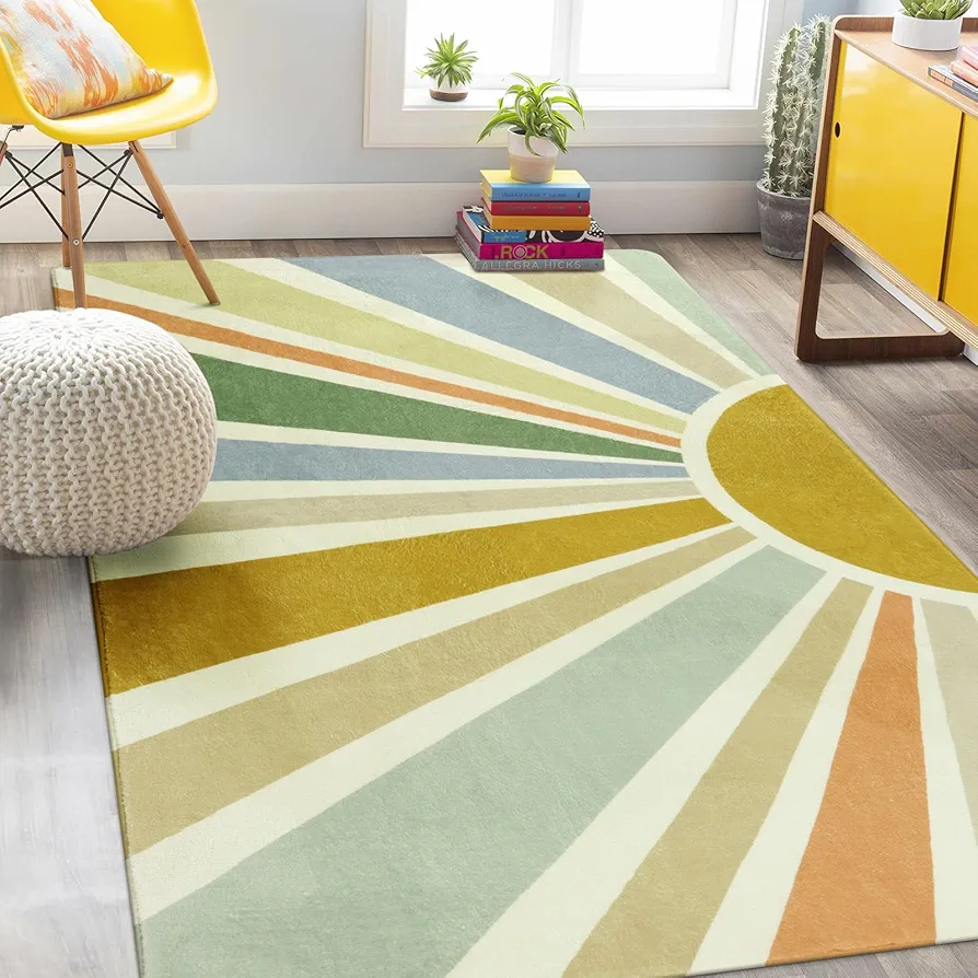 Kids Rugs for Playroom 5'x7' Rug, Boho Washable Area Rug for Kids Room, Rainbow Kids Nursery Rug Non-Slip Sunshine Carpet Soft Colorful Rug for Classroom Office Dining Room