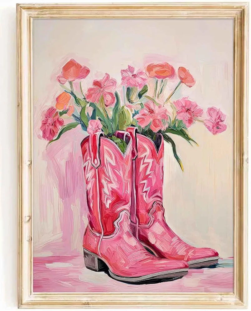 Western Coastal Pink Cowgirl boots Canvas wall art Vintage Country Funky Cowgirl boots and flower Preppy Aesthetic Picture Wall Decor Poster Print Artwork for Girl Room bedroom Dorm Unframed