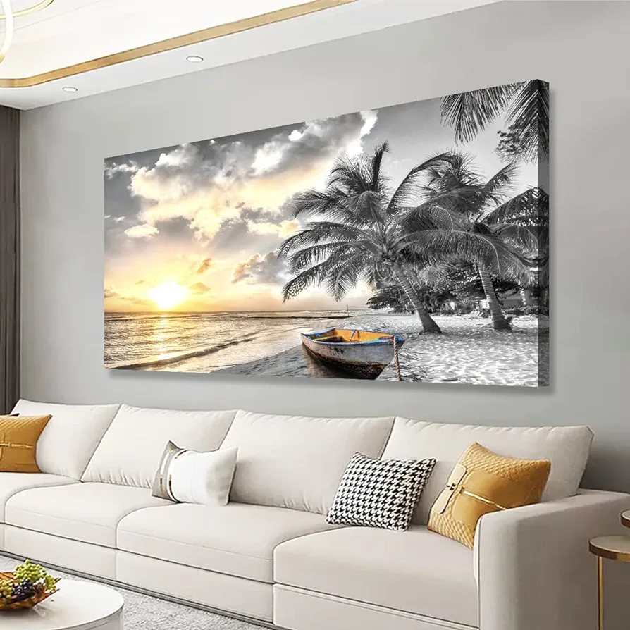 Black and White Beach Pictures Canvas Wall Art for Living room Bedroom Wall Decor,Seascape Wall Art Print Paitnings for home Decor,Morden Artwork Sunset Canvas Art Waterproof Stretched Ready to