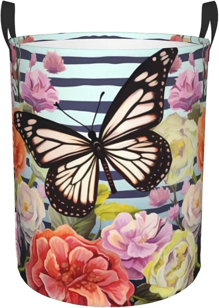 Laundry Baskets with Handles Waterproof Small inches Storage Basket, Collapsible Laundry Hampers, Laundry Room Organization & Apartment Essentials - Striped Flower Butterfly