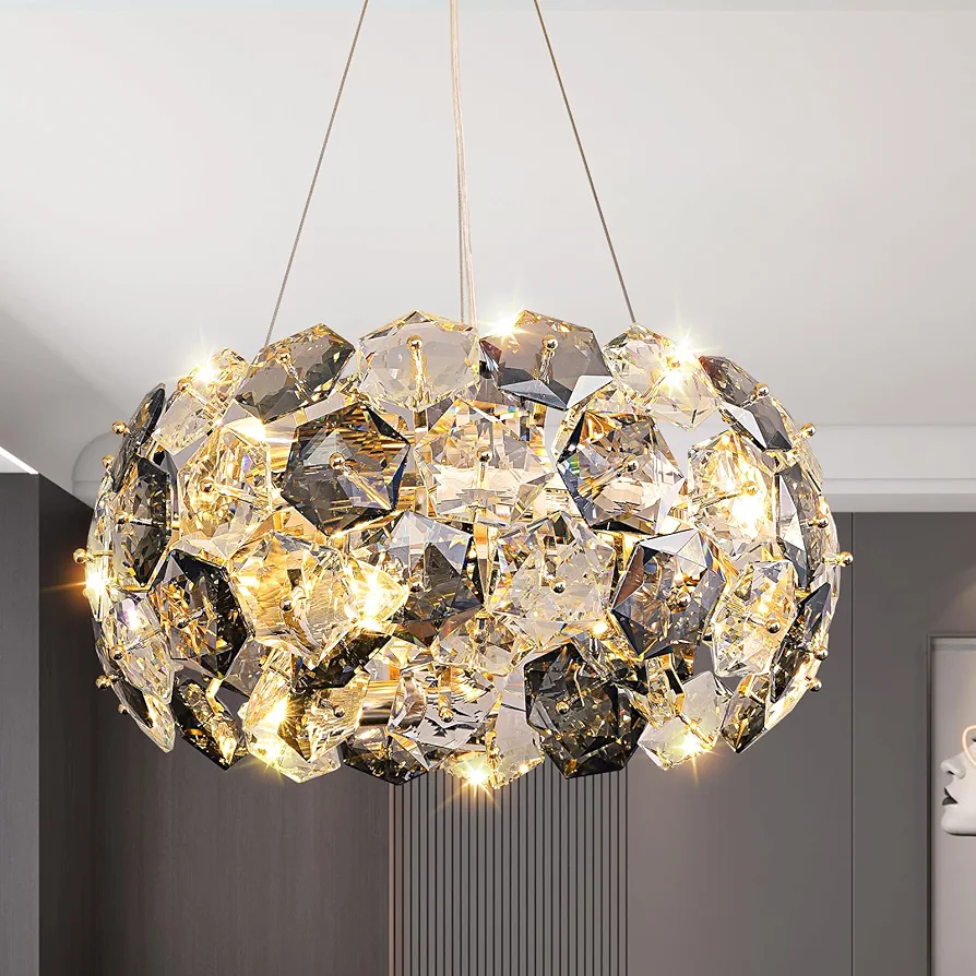 6-Light Modern Crystal Chandeliers for Living Room, 20IN Gold Crystal Ceiling Hanging Light Fixtures, Stainless Chandelier for Bedroom Dining Room Kitchen Hallway Entryway Foyer, E12 Socket