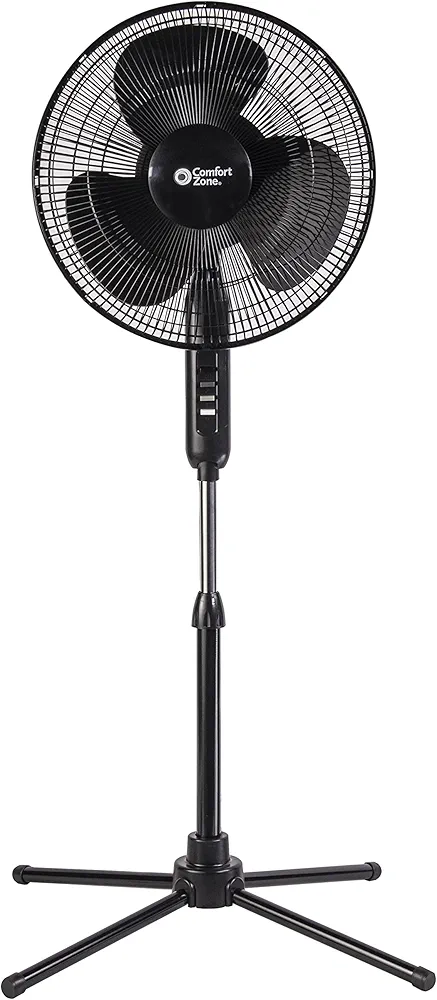 Comfort Zone Electric Oscillating Pedestal Fan, Stand Fan, 16 inch, 3 Speed, 90 Degree Oscillating Head, Adjustable Height and Tilt, Airflow 7.48 ft/sec, Ideal for Home, Bedroom & Office, CZST161BTEBK