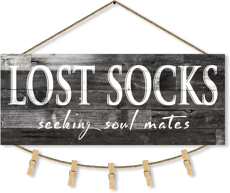 Lost Socks Laundry Room Sign: Farmhouse Wall Decor Laundry Sign, Lost Socks Seeking Soul Mates Canvas Print, Rustic Plaque Bathroom Decoration 6" x 15"