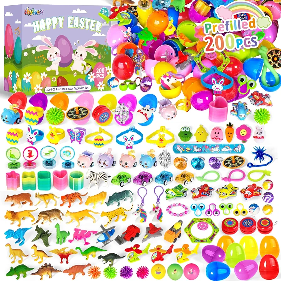 Easter Theme Party Favor Supplies for kids, 200PCS Prefilled Easter Eggs with Toys for Easter Eggs Hunt, Easter Basket Stuffers Fillers, Easter Eggs Bulk for School Easter Activities, Classroom Prizes