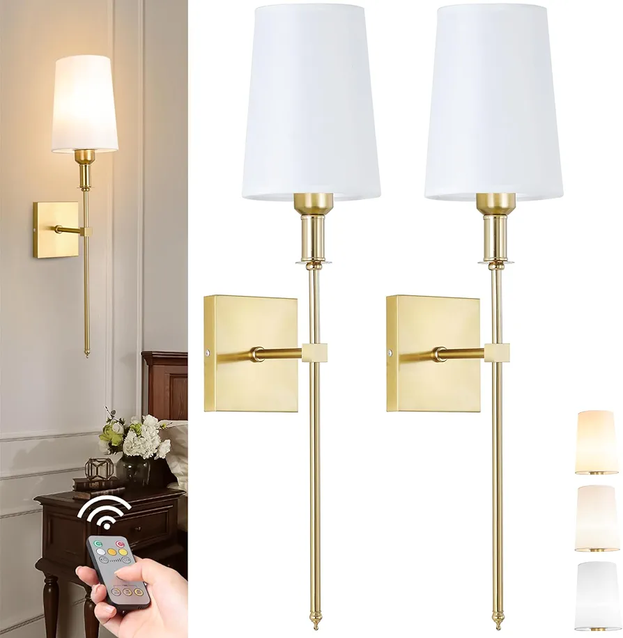 Gold Rechargeable Battery Operated Wall Sconces Set of 2, Cordless Dimmable Battery Powered Wall Lights with Remote, Wireless Wall Lamp Lighting Fixture for Bedroom Living Room