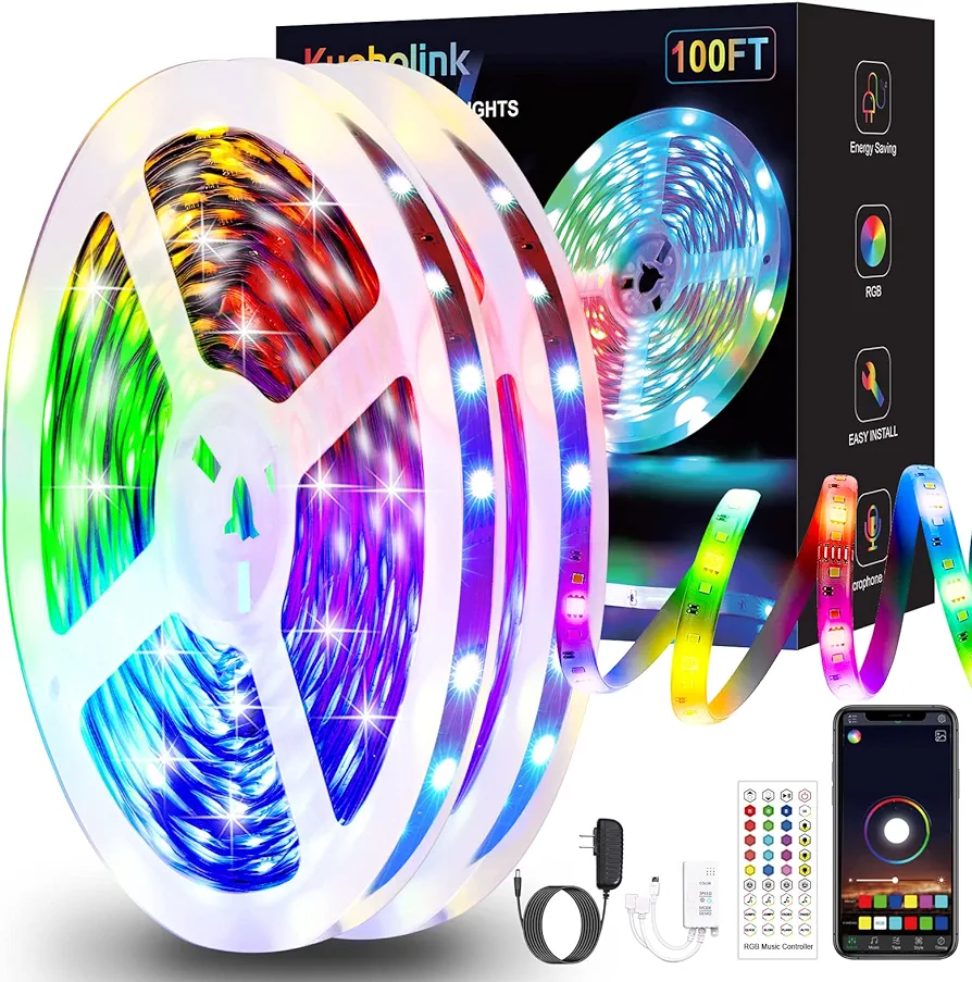 100ft Led Strip Lights (2 Rolls of 50ft), Music Sync Smart Lighting Strips with App Control, Color Change 5050 Led Light for Bedroom, Living Room, Kitchen