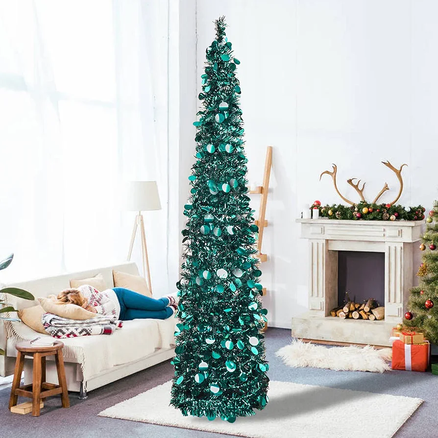 5ft Pop Up Tinsel Christmas Tree,Collapsible Artificial Pencil Skinny Xmas Trees for Home Decor Indoor Holiday Party Decorations,Blue,WOKEISE