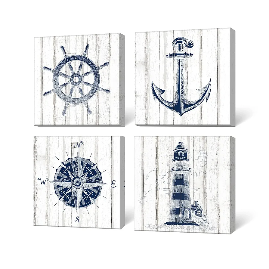 takfot Nautical Wall Art for Bathroom Beach Wall Decor Boat Anchor Paintings Helm Drawing Compass Lighthouse Rustic Style Pictures Navy Blue Artwork for Bedroom Living Room 12x12in, 4 Panels