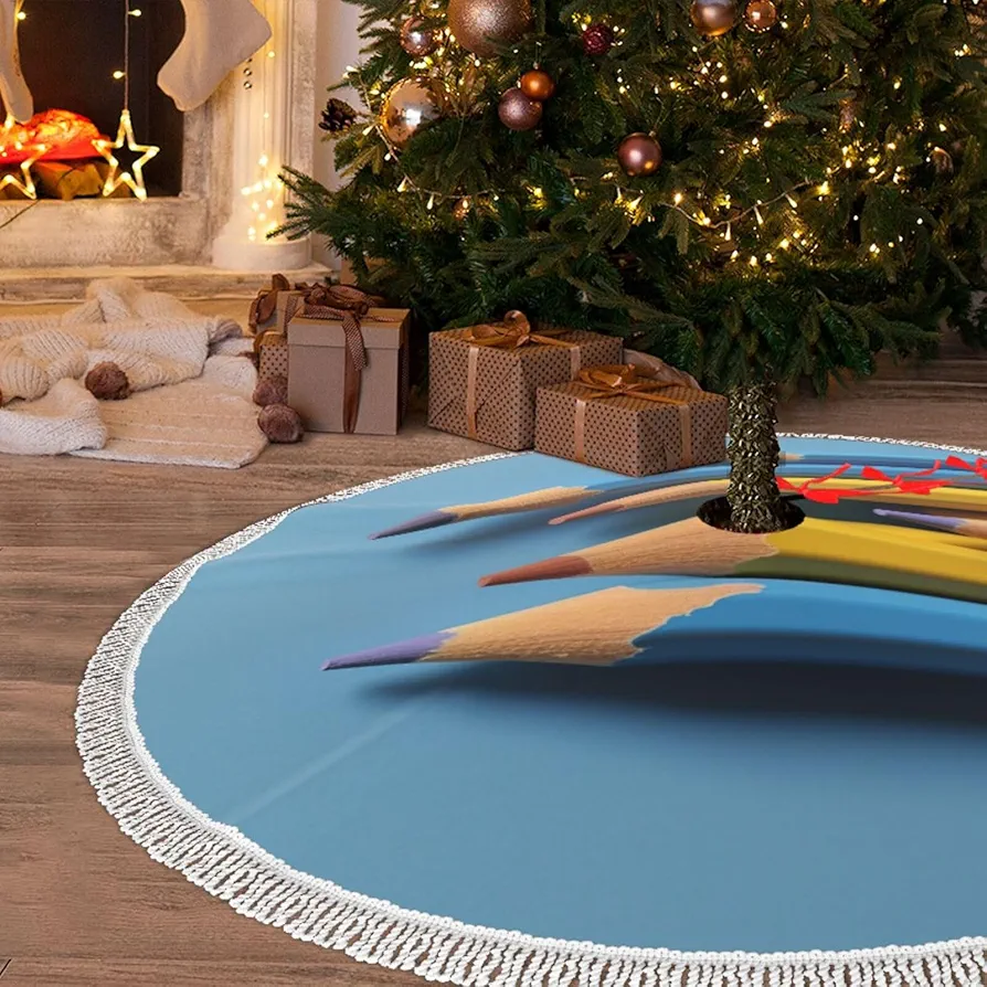 30" Christmas Tree Skirt with Tassel Yellow Blue Colored Pencils Xmas Tree Skirts Tassel Tree Mat Ornament for Home Indoor Outdoor Room Holiday Decoration