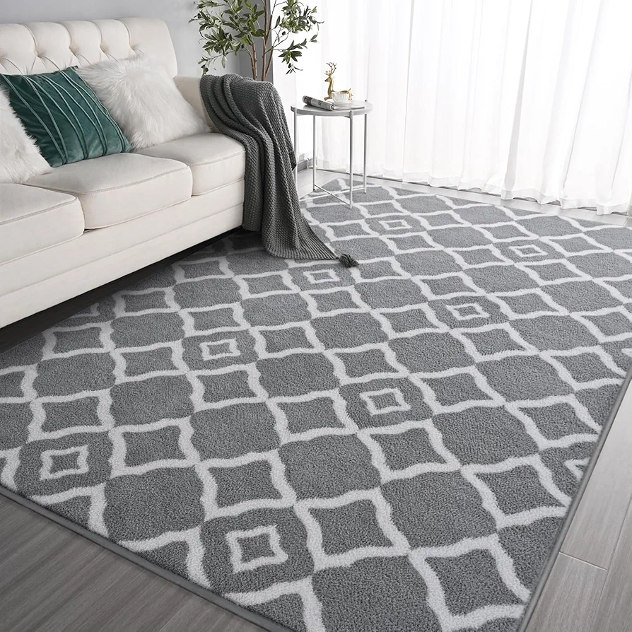 Kimicole Ultra Soft Shag Area Rug for Living Room, 4x6 Grey/White Fluffy Geometric Bedside Bedroom Rugs, Modern Moroccan Memory Foam Dorm Carpet Indoor Home Decor for Teens Girls Kids Nursery