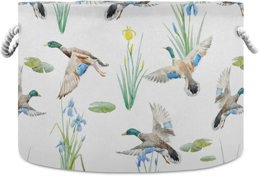 Flying Mallard Ducks Yellow Blue Iris Lotus with Leaves on White Round Storage Basket Waterproof Print Collapsible Fabric Cube With Cotton Rope Handles Laundry Bag Organizer Toys Clothes for Room