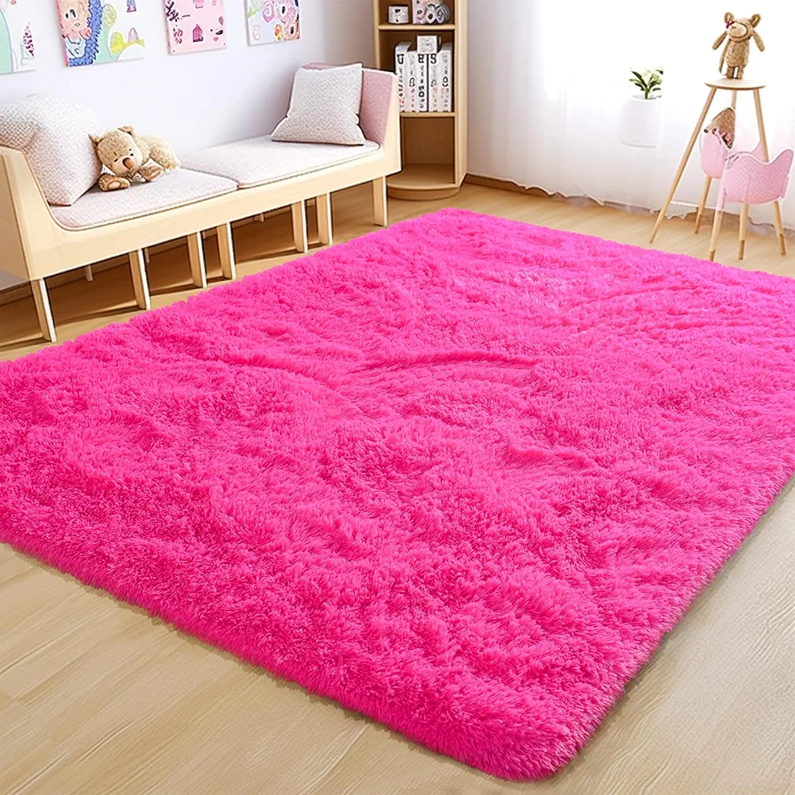 Fluffy Rug Washable 4x6 Feet, Hot Pink Fuzzy Rugs for Bedroom Girls, Flame Retardant Plush Shaggy Rug Home Decor