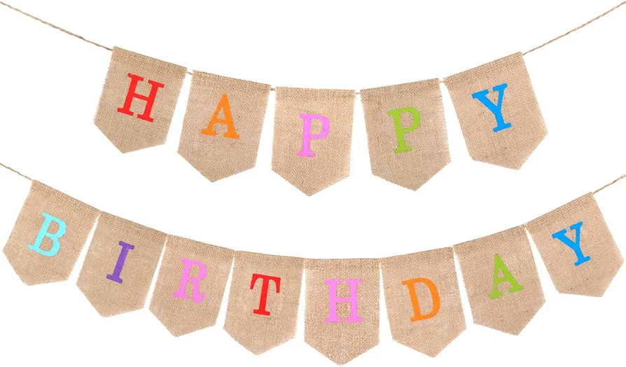 Anwyll Happy Birthday Banner, Burlap Birthday Banner Bunting, Pre-Strung Happy Birthday Party Decorations, Colorful Happy Birthday Banner Sign for Men Women Home Classroom Office Party Decor