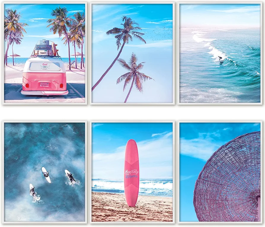 Aesthetic California Beach Ocean Surf Posters for Home - 8x10 Inches UNFRAMED Set of 6 Wall Art – Pink Retro Watercolor Prints Pictures Decor Decorations Gifts for Living Room, Home Decorations by PRINT'N'ART