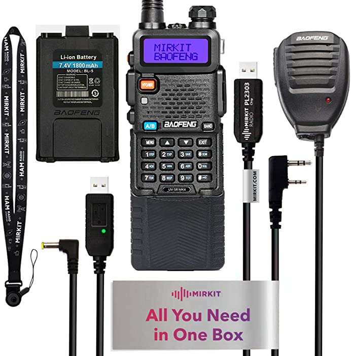 Extended Ham Radio Handheld Starter Kit Mirkit Baofeng Radio UV-5R MK4 8 Watt Max Power with 3800 mAh, Handheld Mic, Baofeng Programming Cable and Software - Extra Pack