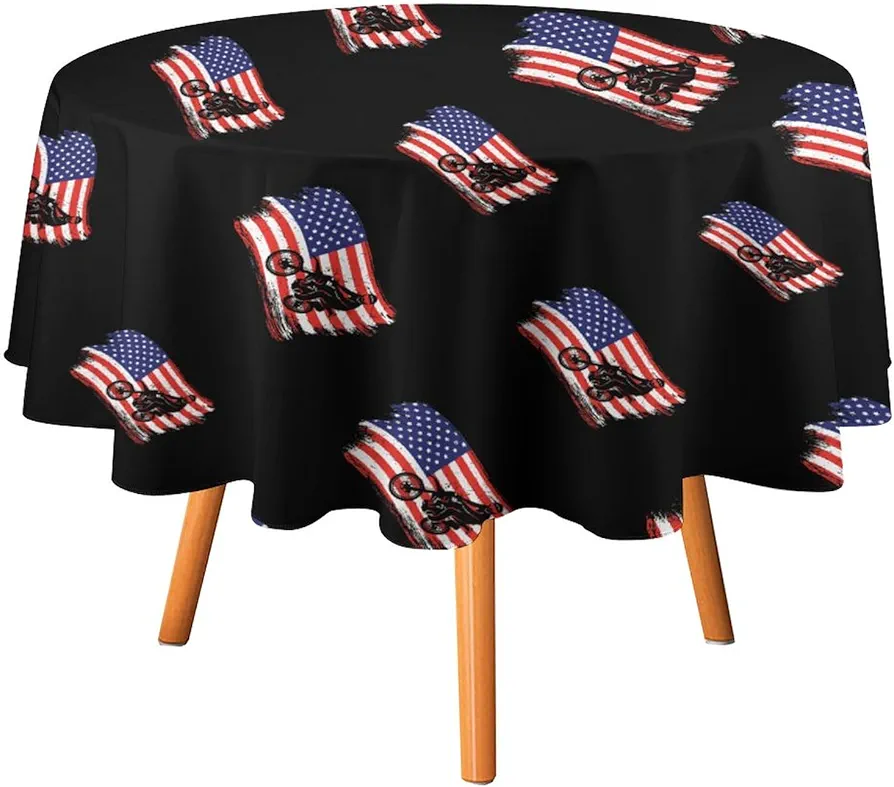 Motocross Dirt Bike USA Flag Round Tablecloth Washable Table Cloth Polyester Table Cover for Dining Room Party Picnic 60x60in