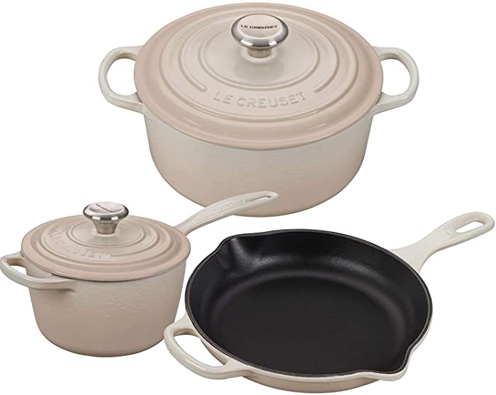 Le Creuset Signature Enameled Cast-Iron Dutch Oven, Saucepan, And Skillet 5 Piece Bundle Set - Meringue