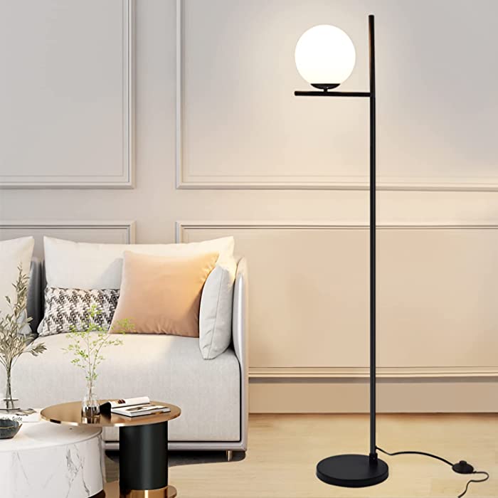 DLLT Modern LED Sphere Floor Lamp-9W Frosted Glass Globe Standing Lamps for Bedroom, Energy Saving Mid Century Tall Pole Standing Accent Lighting for Living Room, Office, Bedroom, Black