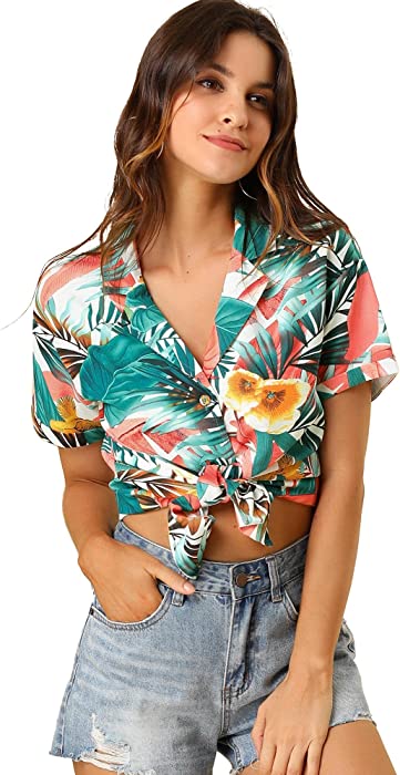 Allegra K Women's Hawaiian Shirts Leaves Printed Short Sleeve Tropical Button Down Shirt