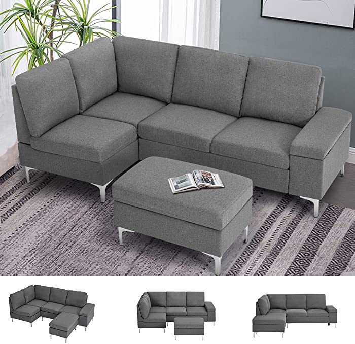 Esright Left Facing Sectional Sofa with Ottoman, Convertible Sectional Sofa with Armrest Storage, Sectional Sofa Corner Couches for Living Room & Apartment, Left Chaise & Gray Fabric