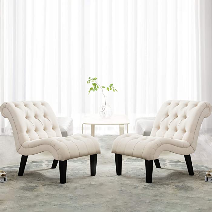 Yongqiang Set of 2 Accent Chair for Living Room Bedroom Upholstered Tufted Curved Backrest Casual Fabric Chairs with Wood Legs Cream